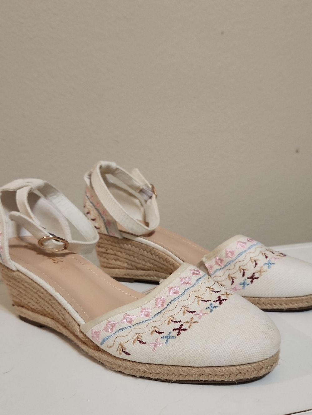 Dream PARIS Cream Embroidered Espadrille Wedge Sandals with Ankle Strap